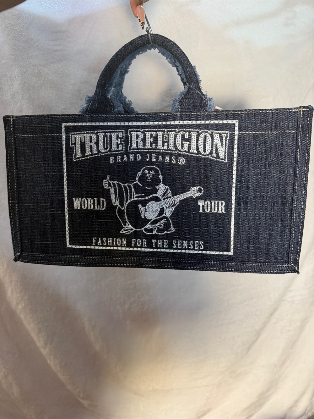 True Religion Denim Tote Bag in Dark Blue with White Logo